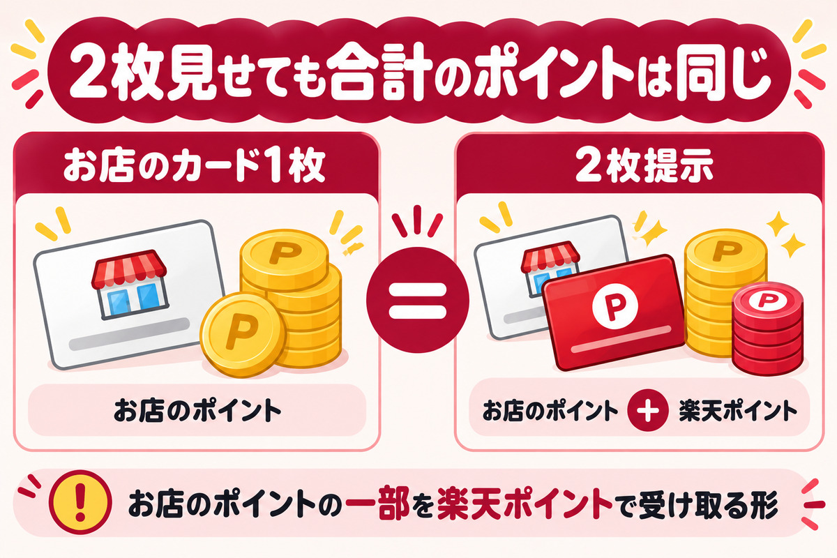 ポイントカードを2枚見せても合計のポイントは同じ。お店のポイントの一部を楽天ポイントで受け取る形