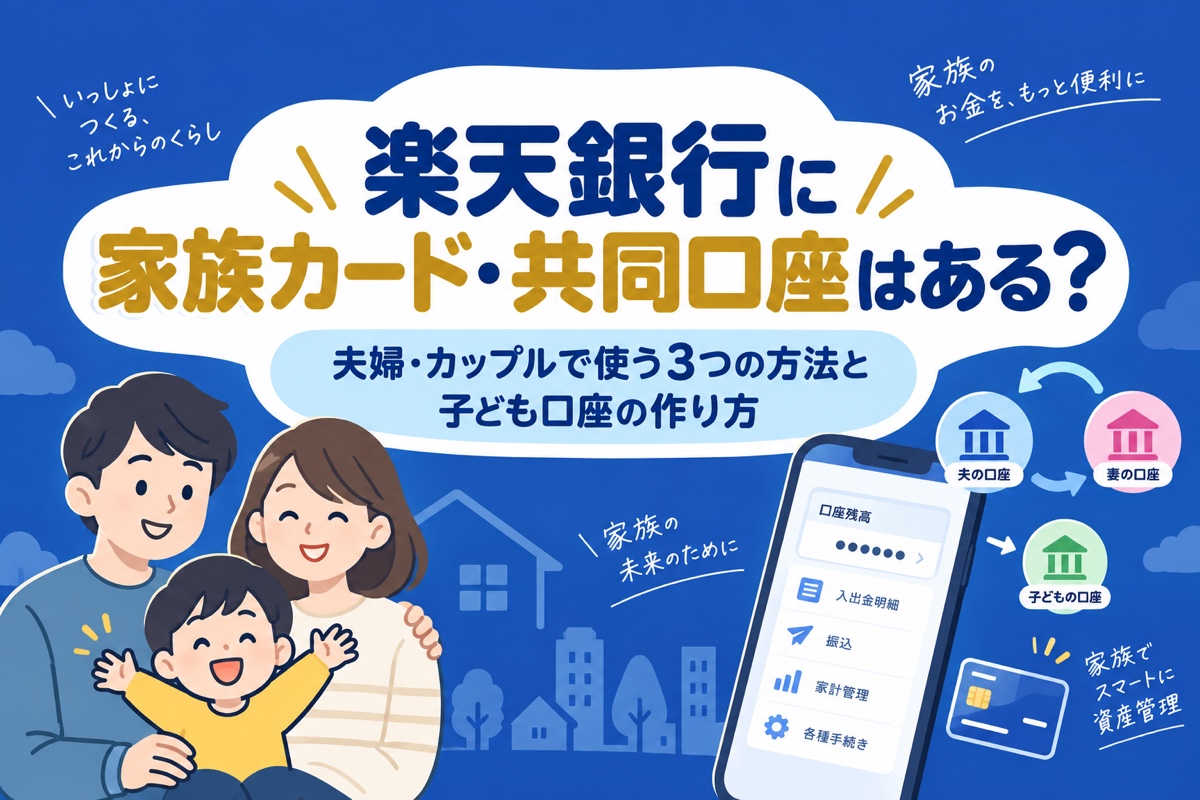 楽天銀行に家族カード・共同口座はある?夫婦・カップルで使う3つの方法と0歳から作れる子ども口座の必要書類