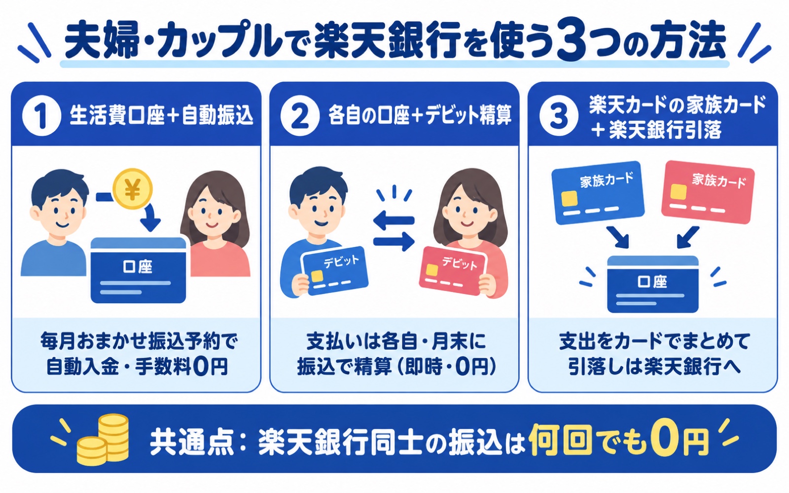 夫婦・カップルで楽天銀行を使う3つの方法(生活費口座+毎月おまかせ振込予約・各自の口座+デビット精算・楽天カード家族カード+楽天銀行引落)