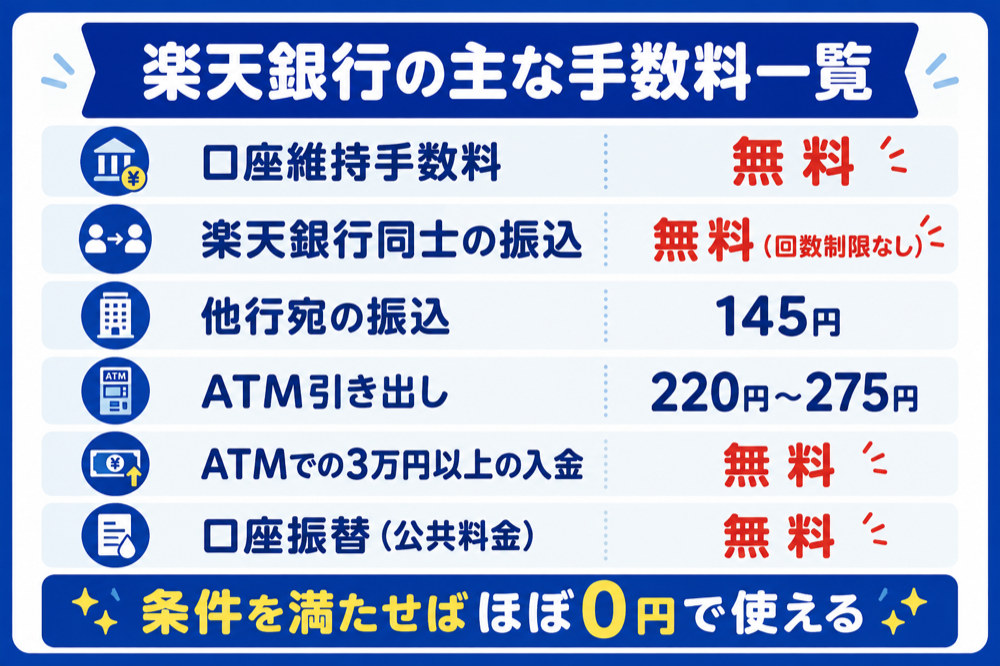 楽天銀行の主な手数料一覧(口座維持・楽天銀行同士の振込は無料、他行宛145円、ATM220〜275円)