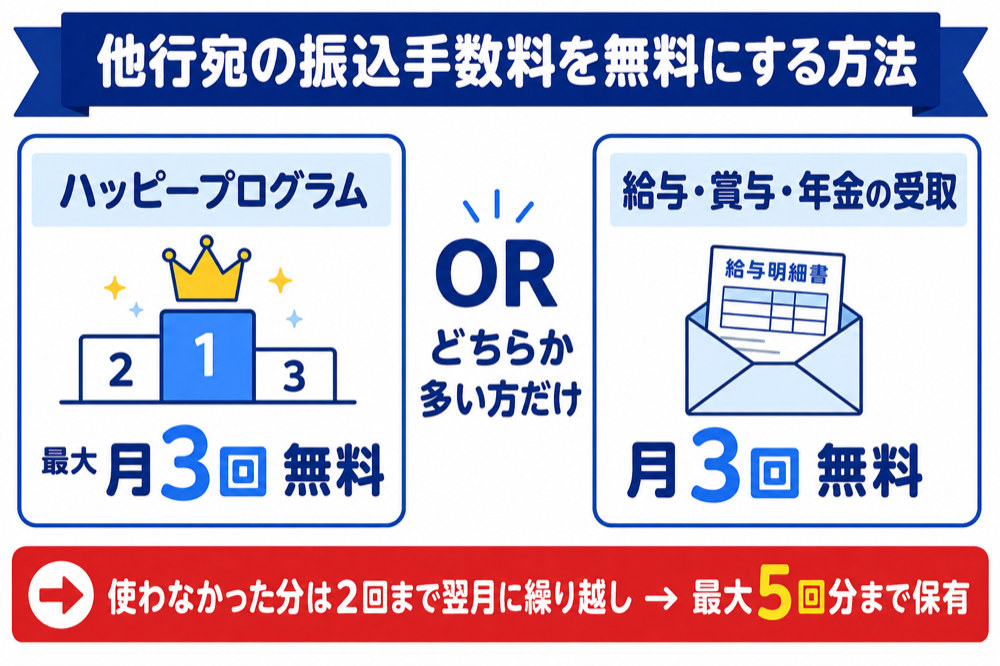 他行宛振込手数料を無料にする方法(ハッピープログラムのステージ特典と給与受取は多い方のみ・繰り越しで最大5回分)