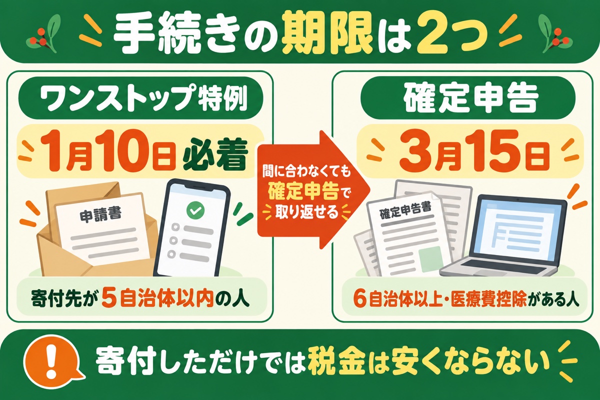 控除の手続きの期限は2つ。ワンストップ特例は1月10日必着（寄付先5自治体以内）、確定申告は3月15日（6自治体以上・医療費控除がある人）。間に合わなくても確定申告で取り返せる