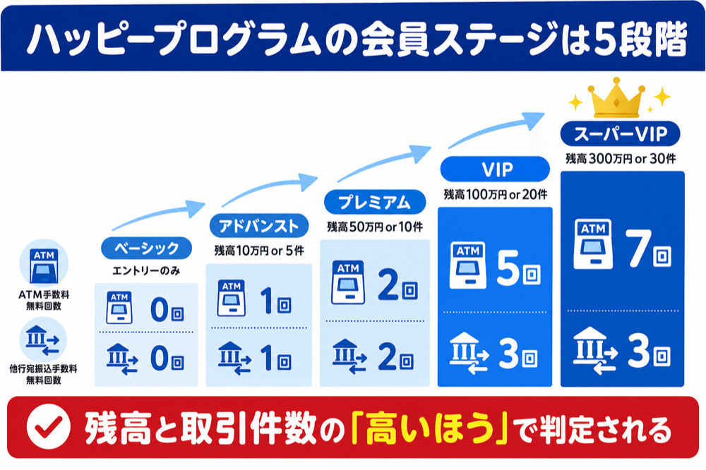 ハッピープログラムの会員ステージ5段階(ベーシック/アドバンスト10万円or5件/プレミアム50万円or10件/VIP100万円or20件/スーパーVIP300万円or30件とATM・振込の無料回数)