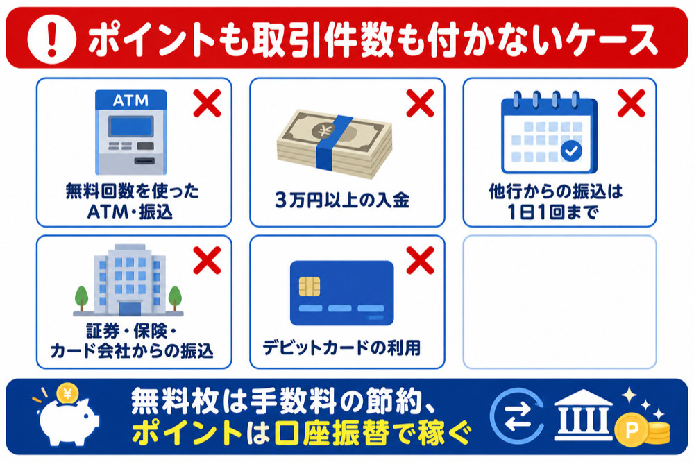 ハッピープログラムでポイントも取引件数も付かないケース(無料回数を使ったATM・振込/3万円以上の入金/他行からの振込は1日1回まで/証券・保険・カード会社からの振込/デビットカードの利用)