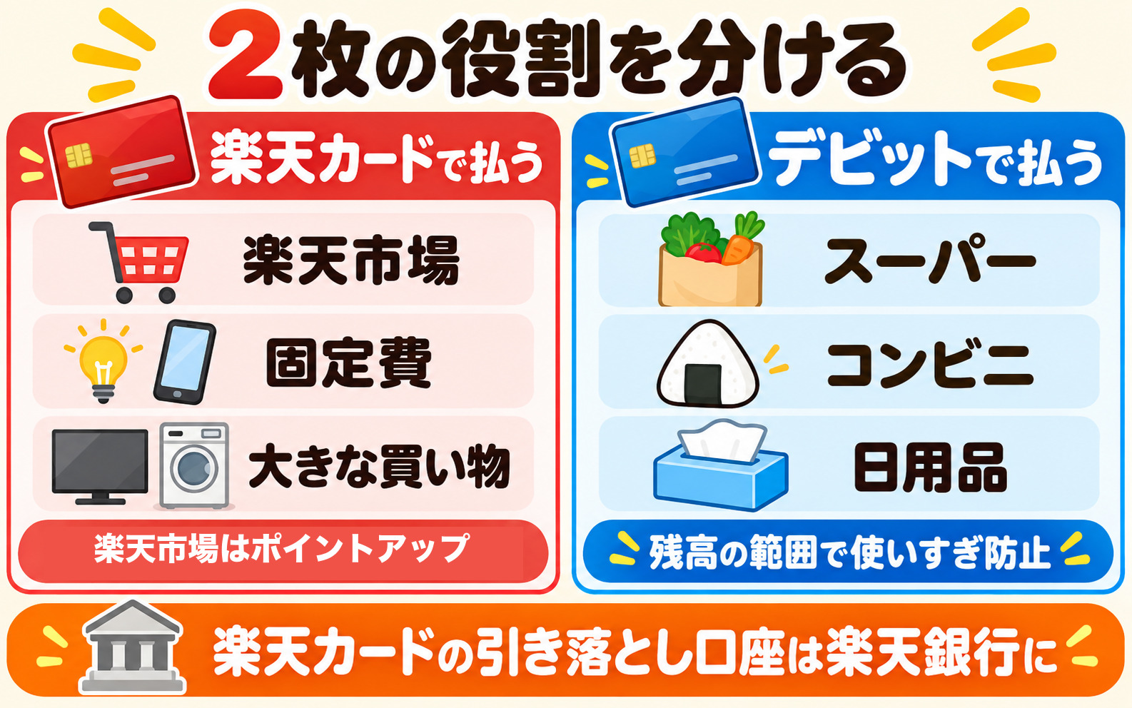 楽天カードと楽天銀行デビットカードの使い分け 楽天市場と固定費は楽天カード・日々の買い物はデビット・引き落とし口座は楽天銀行