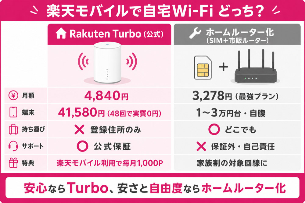 Rakuten Turboとホームルーター化の比較(月額・端末・持ち運び・サポート・特典)