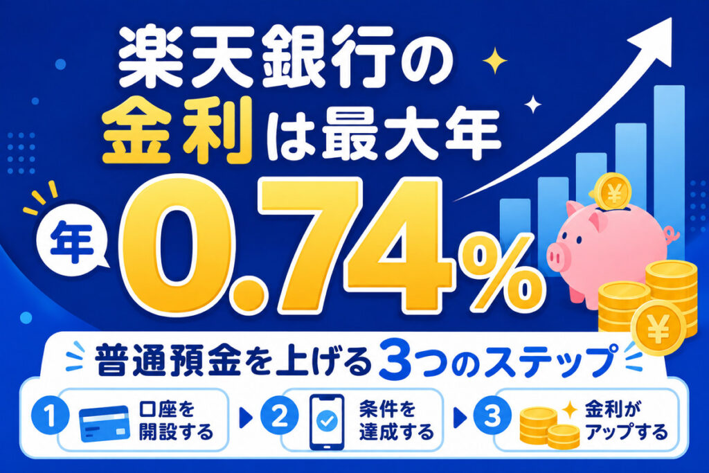 楽天銀行の金利は最大年0.74%！普通預金を上げる方法とボーナス金利の条件