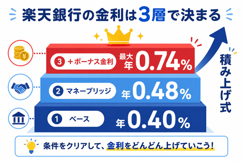 楽天銀行の金利は3層で決まる(ベース0.40%・マネーブリッジ0.48%・ボーナス金利で最大0.74%)