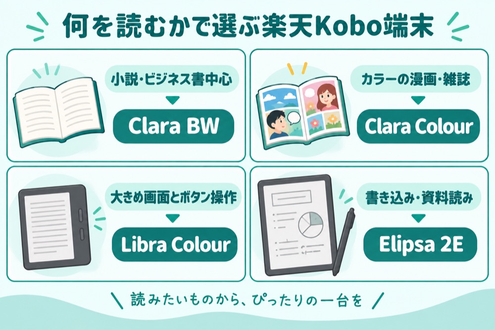 何を読むかで選ぶ楽天Kobo端末4機種の図解