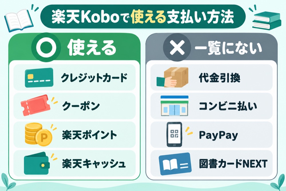 楽天Koboで使える支払い方法と一覧にない支払い方法の比較図