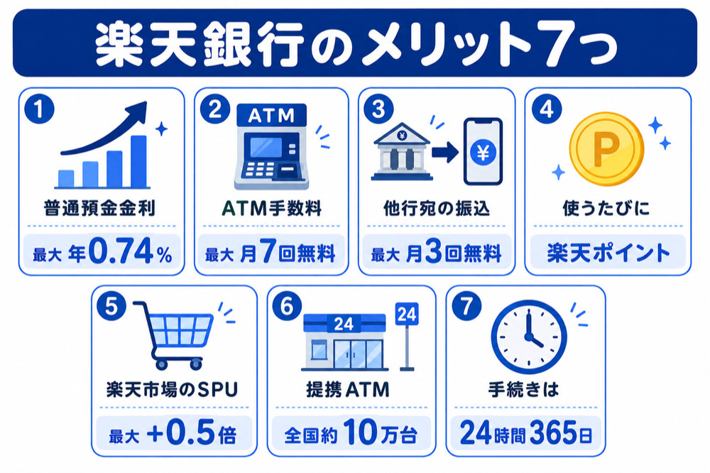 楽天銀行のメリット7つ(金利最大年0.74%・ATM最大月7回無料・振込最大月3回無料・楽天ポイント・SPU最大+0.5倍・提携ATM約10万台・24時間365日)