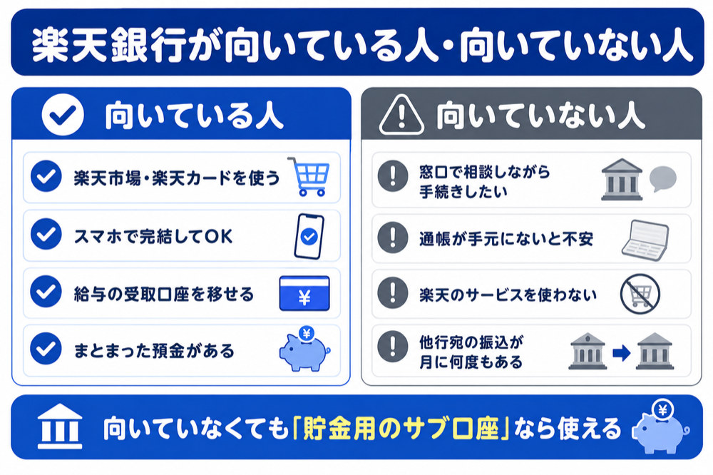 楽天銀行が向いている人と向いていない人の比較(楽天市場を使う・スマホ完結でOK・給与受取を移せる/窓口で相談したい・通帳が必要)