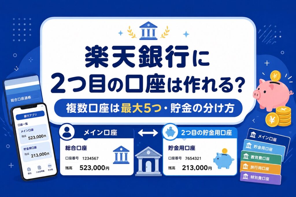 楽天銀行に2つ目の口座は作れる？複数口座は最大5つ・目的別口座がない時の貯金の分け方