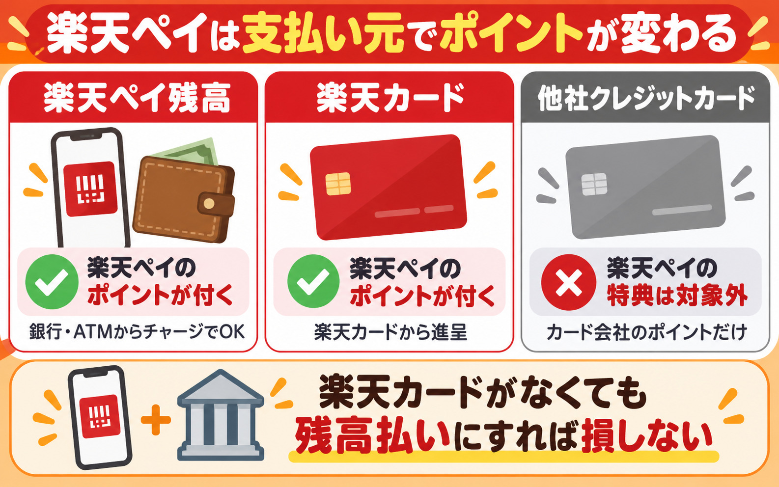 楽天ペイの支払い元別ポイント 楽天ペイ残高と楽天カードは楽天ポイントが付く・他社クレジットカードは楽天ペイの特典対象外