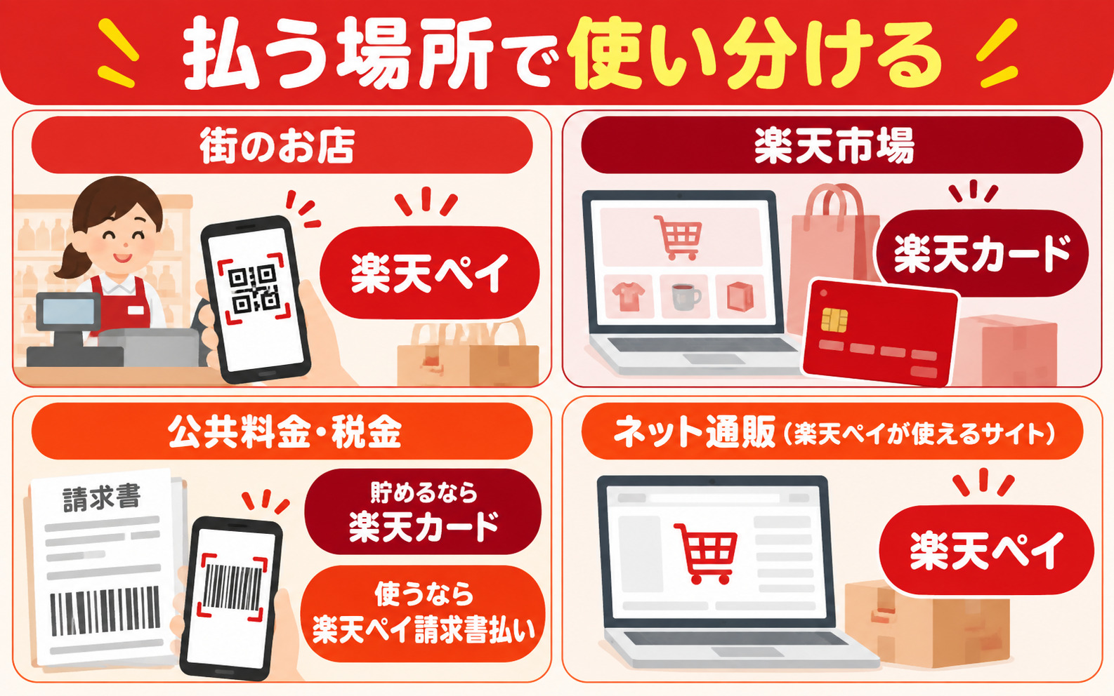 楽天ペイと楽天カードの使い分け 街のお店は楽天ペイ・楽天市場は楽天カード・公共料金は目的で選ぶ・ネット通販は楽天ペイ