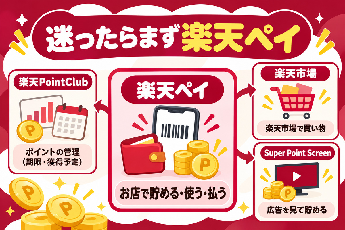 迷ったらまず楽天ペイ。楽天ペイはお店で貯める・使う・払う、楽天PointClubはポイントの管理、楽天市場は買い物、Super Point Screenは広告を見て貯める