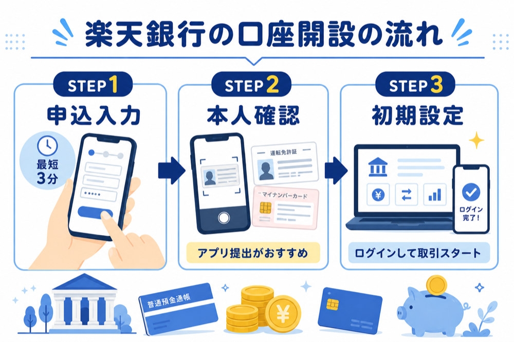 楽天銀行の口座開設の流れ3ステップ(申込入力・本人確認・初期設定)