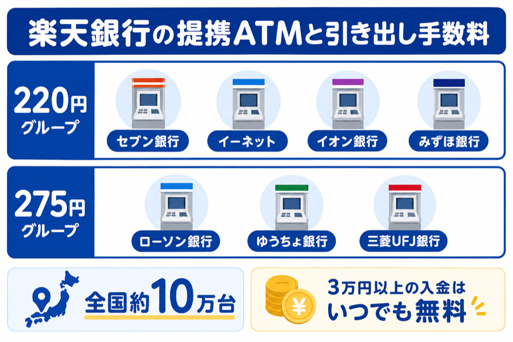 楽天銀行の提携ATMと引き出し手数料(220円グループと275円グループ)