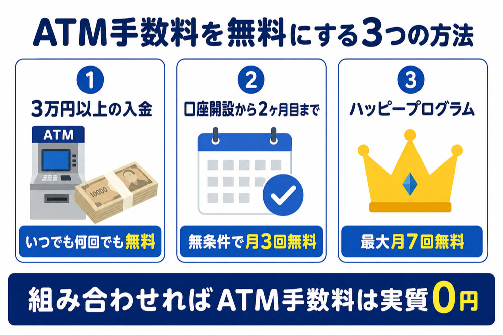 ATM手数料を無料にする3つの方法(3万円以上の入金・開設2ヶ月目まで・ハッピープログラム)