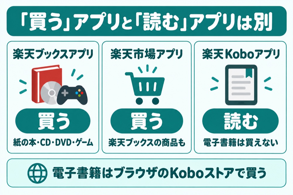 楽天ブックスアプリ・楽天市場アプリ・楽天Koboアプリの違い 買うアプリと読むアプリは別