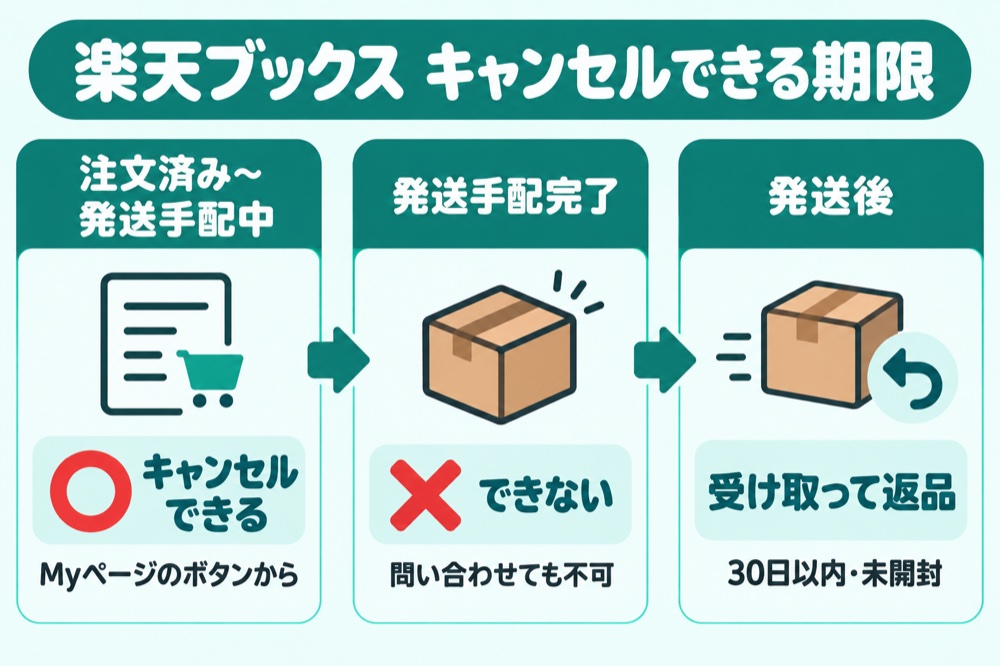 楽天ブックス キャンセルできる期限（発送手配中まで可・発送手配完了で不可・発送後は受け取って返品）