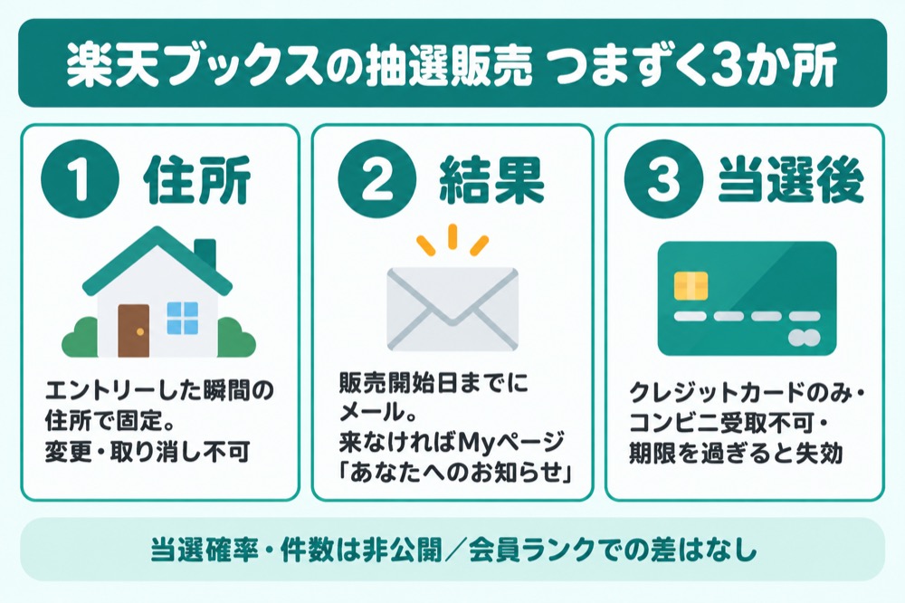 楽天ブックスの抽選販売でつまずく3か所（住所・結果の確認・当選後の注文）