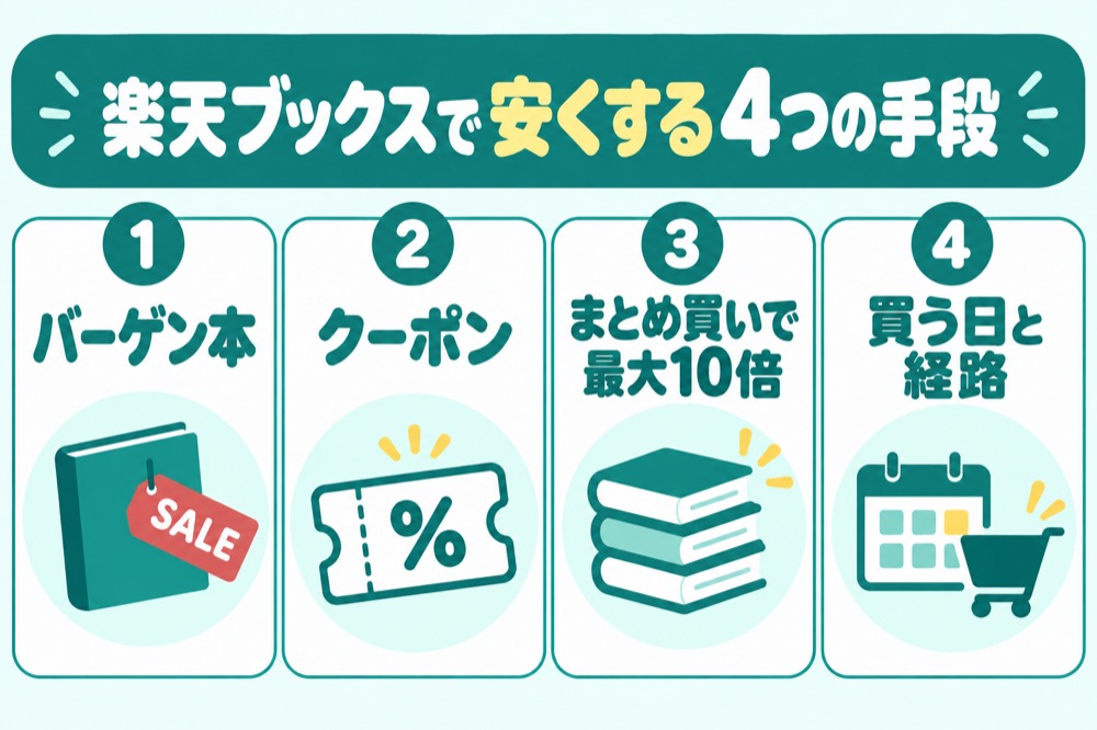 楽天ブックスで安くする4つの手段(バーゲン本・クーポン・まとめ買いで最大10倍・買う日と経路)