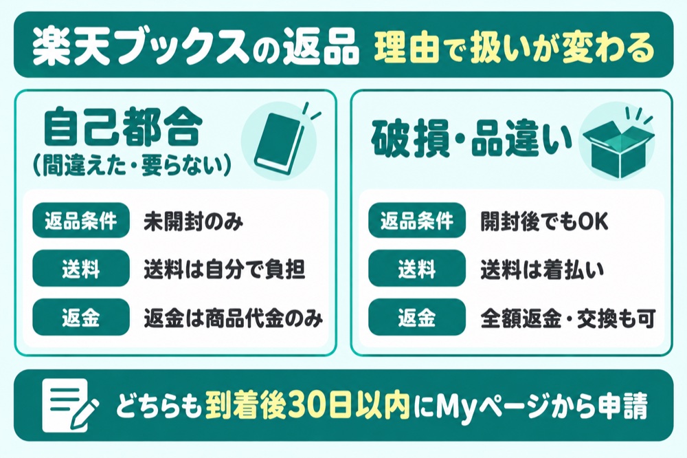楽天ブックスの返品は理由で扱いが変わる（自己都合＝未開封・送料自己負担・商品代金のみ／破損・品違い＝着払い・全額返金・交換可）
