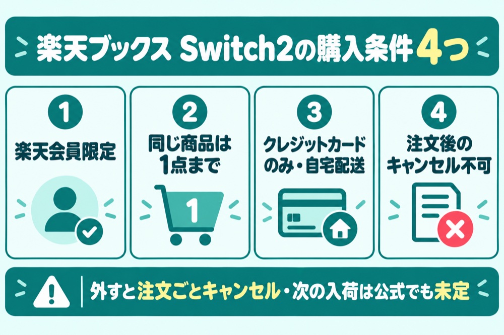 楽天ブックス Switch2の購入条件4つ（楽天会員限定・同じ商品は1点まで・クレジットカードのみ自宅配送・注文後のキャンセル不可）