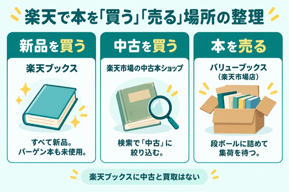 楽天で本を買う・売る場所の整理（新品は楽天ブックス・中古は楽天市場の中古本ショップ・買取はバリューブックス）