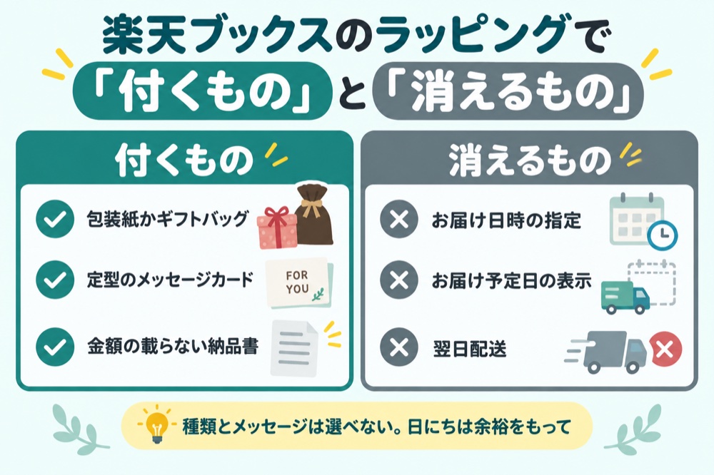 楽天ブックスのラッピングで付くもの（包装・カード・金額なしの納品書）と消えるもの（日時指定・お届け予定日・翌日配送）