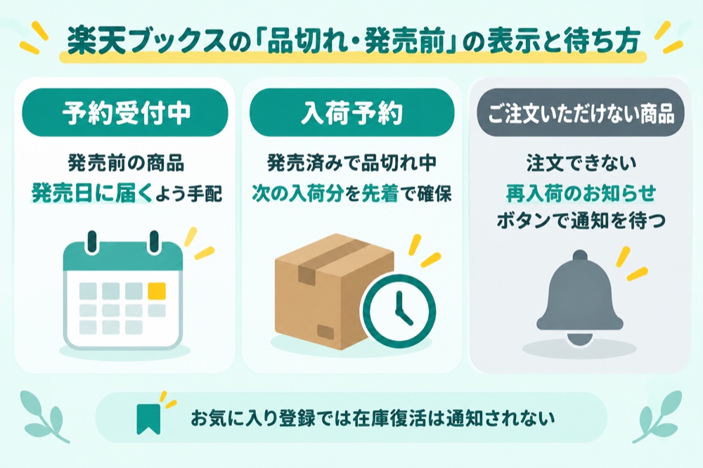 楽天ブックスの品切れ・発売前の表示と待ち方（予約受付中・入荷予約・ご注文いただけない商品）