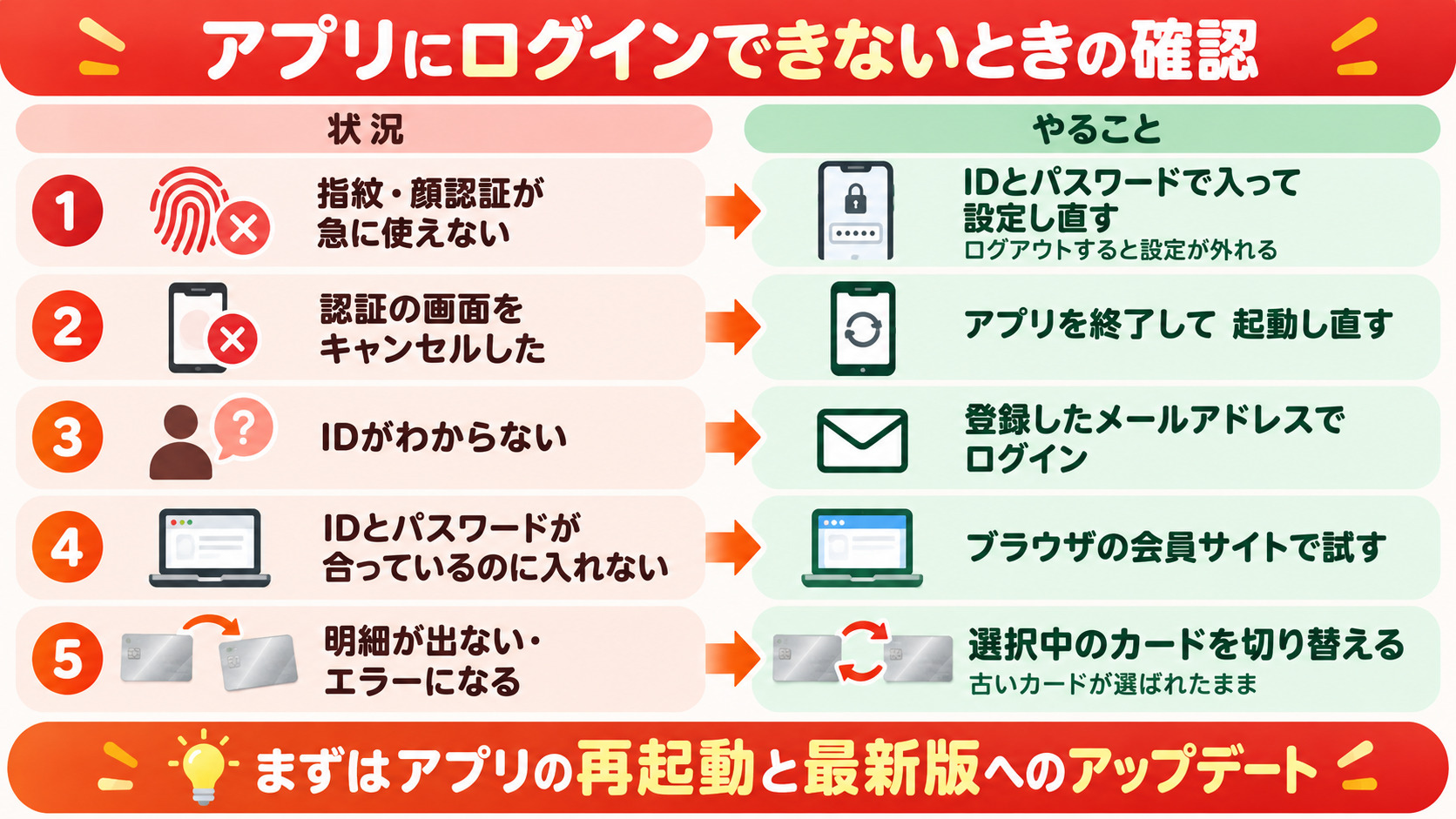 楽天カードアプリにログインできないときの確認 再起動 IDとパスワードで入り直す 生体認証を設定し直す ブラウザで確認 カードを選び直す