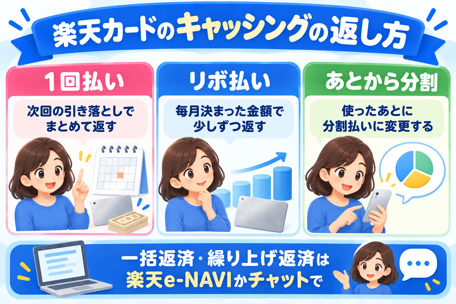 楽天カードのキャッシングの返し方 1回払い リボ払い あとから分割 一括返済と繰り上げ返済は楽天e-NAVIかチャット