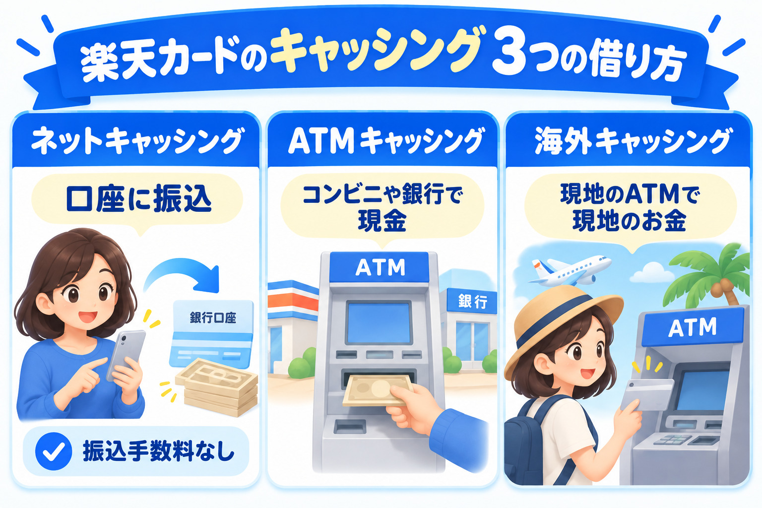 楽天カードのキャッシング 3つの借り方 ネットキャッシングは口座に振込 ATMキャッシングはコンビニや銀行で現金 海外キャッシングは現地のATM