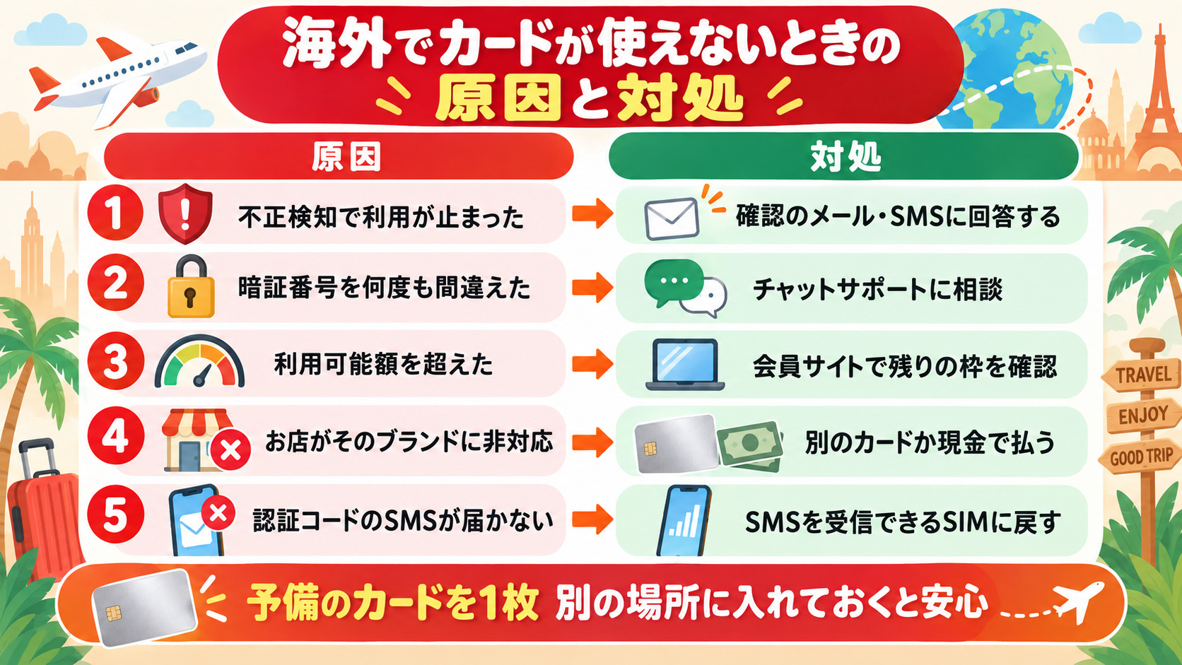 海外で楽天カードが使えないときの原因と対処 不正検知の保留 暗証番号の間違い 利用可能額 ブランド非対応 SMSが届かない