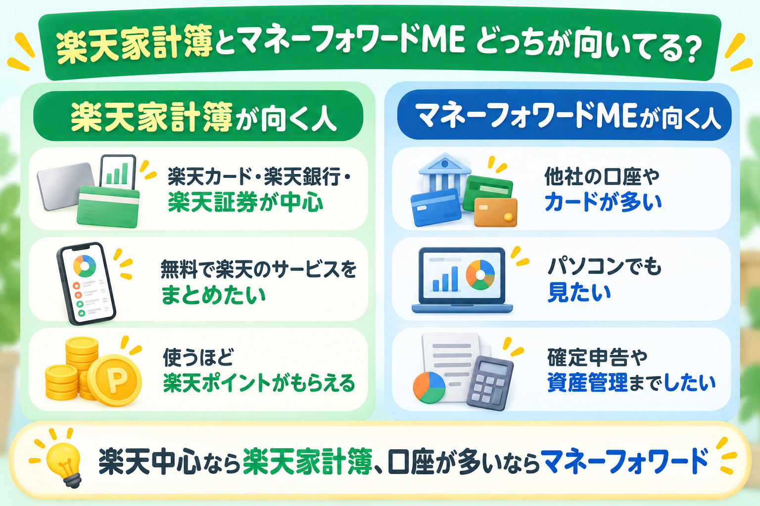 楽天家計簿とマネーフォワードME どっちが向いてる 楽天家計簿が向く人は楽天カード・楽天銀行・楽天証券が中心 マネーフォワードMEが向く人は他社の口座やカードが多い・パソコンでも見たい