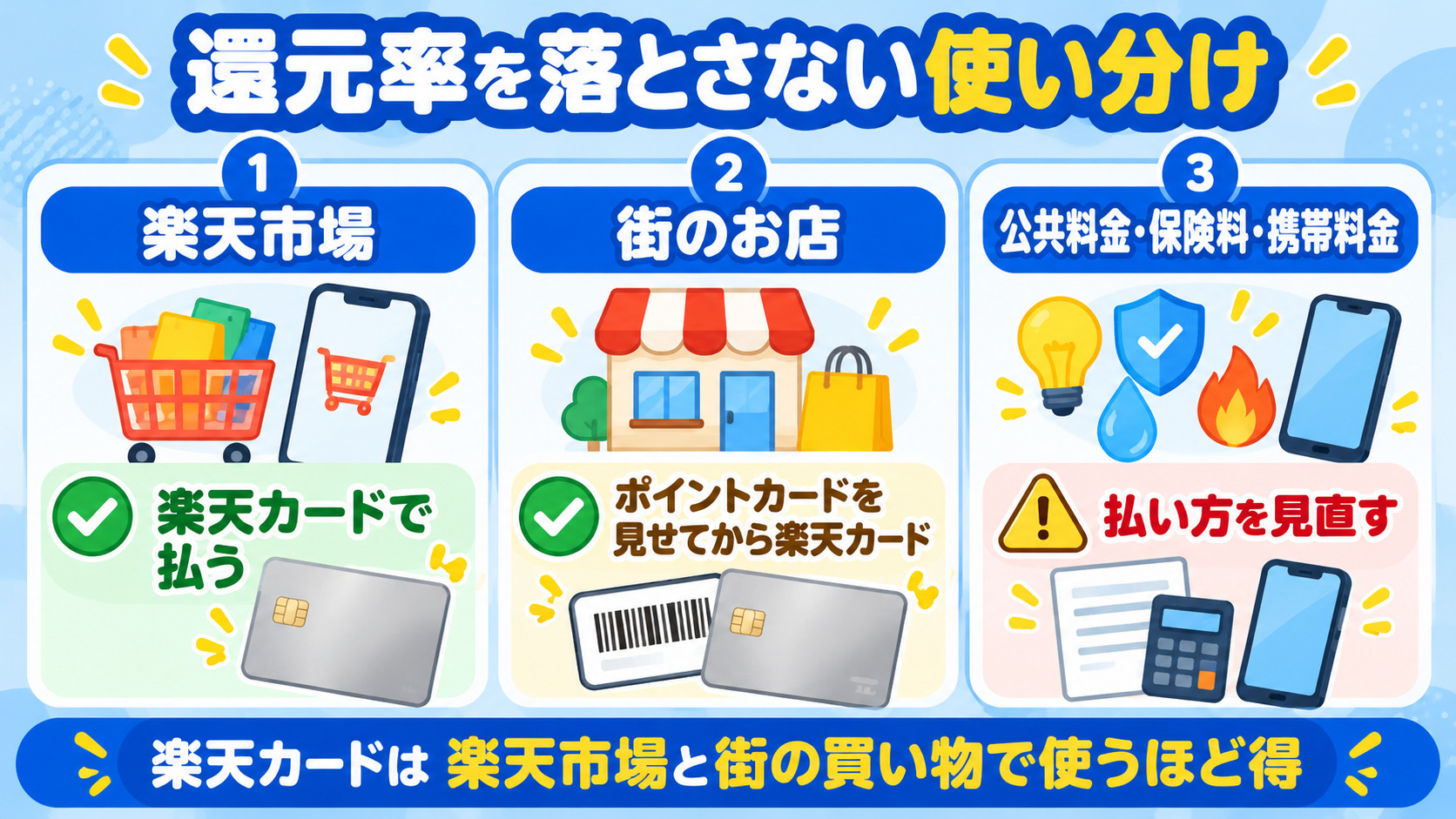 楽天カードの還元率を落とさない使い分け 楽天市場は楽天カード 街のお店はポイントカードも提示 固定費は払い方を見直す