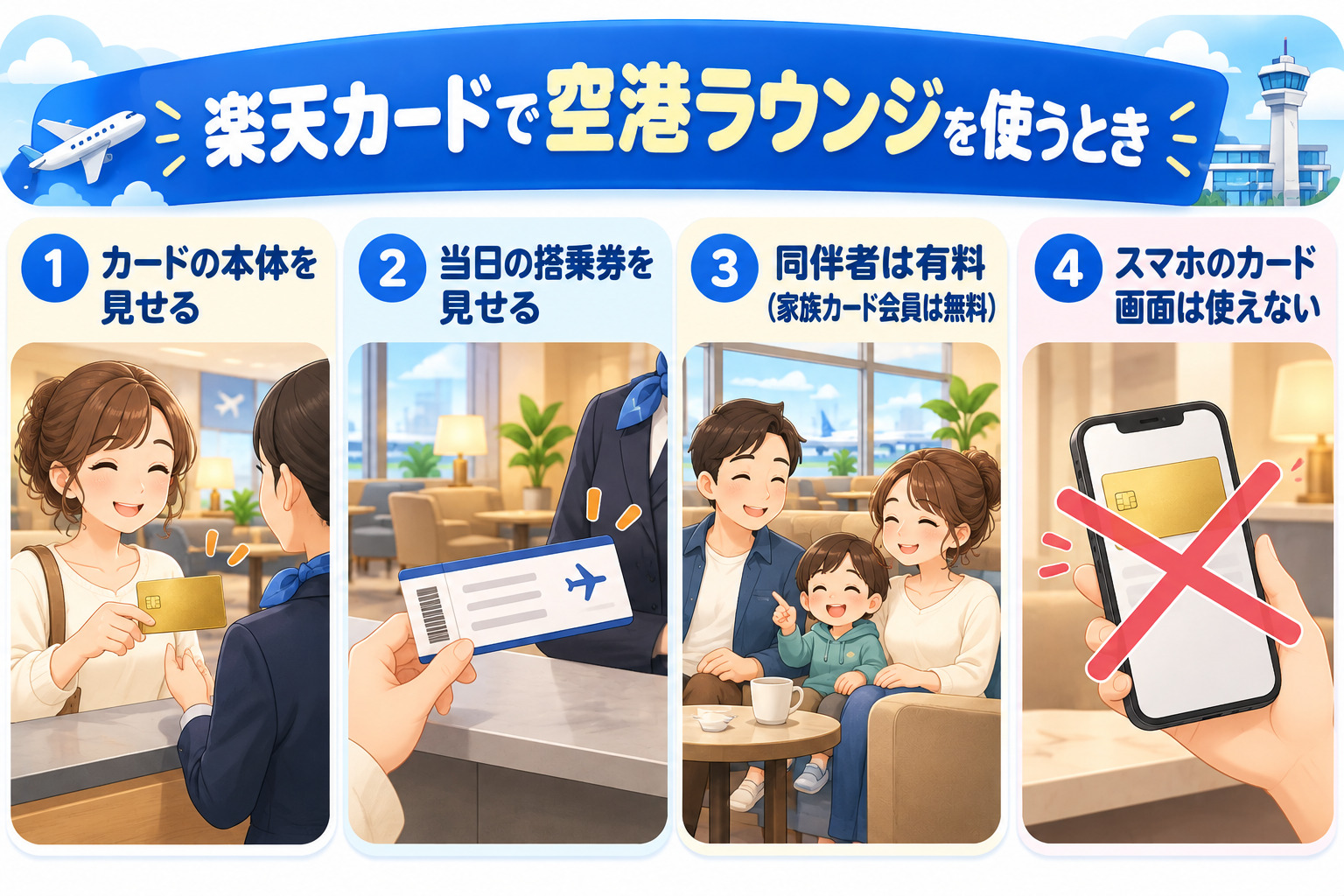 空港ラウンジの使い方 カードの本体を見せる 当日の搭乗券を見せる 同伴者は有料 家族カード会員は無料 スマホのカード画面は使えない