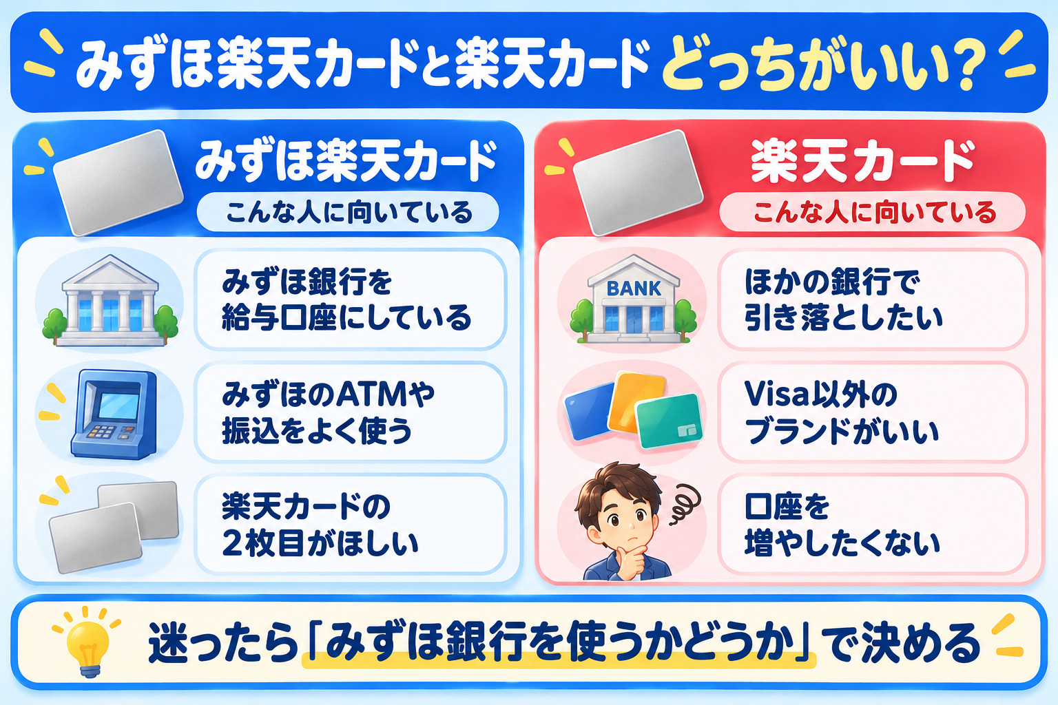 みずほ楽天カードと楽天カードどっちがいい みずほ銀行を使う人はみずほ楽天カード ほかの銀行やVisa以外がいい人は楽天カード
