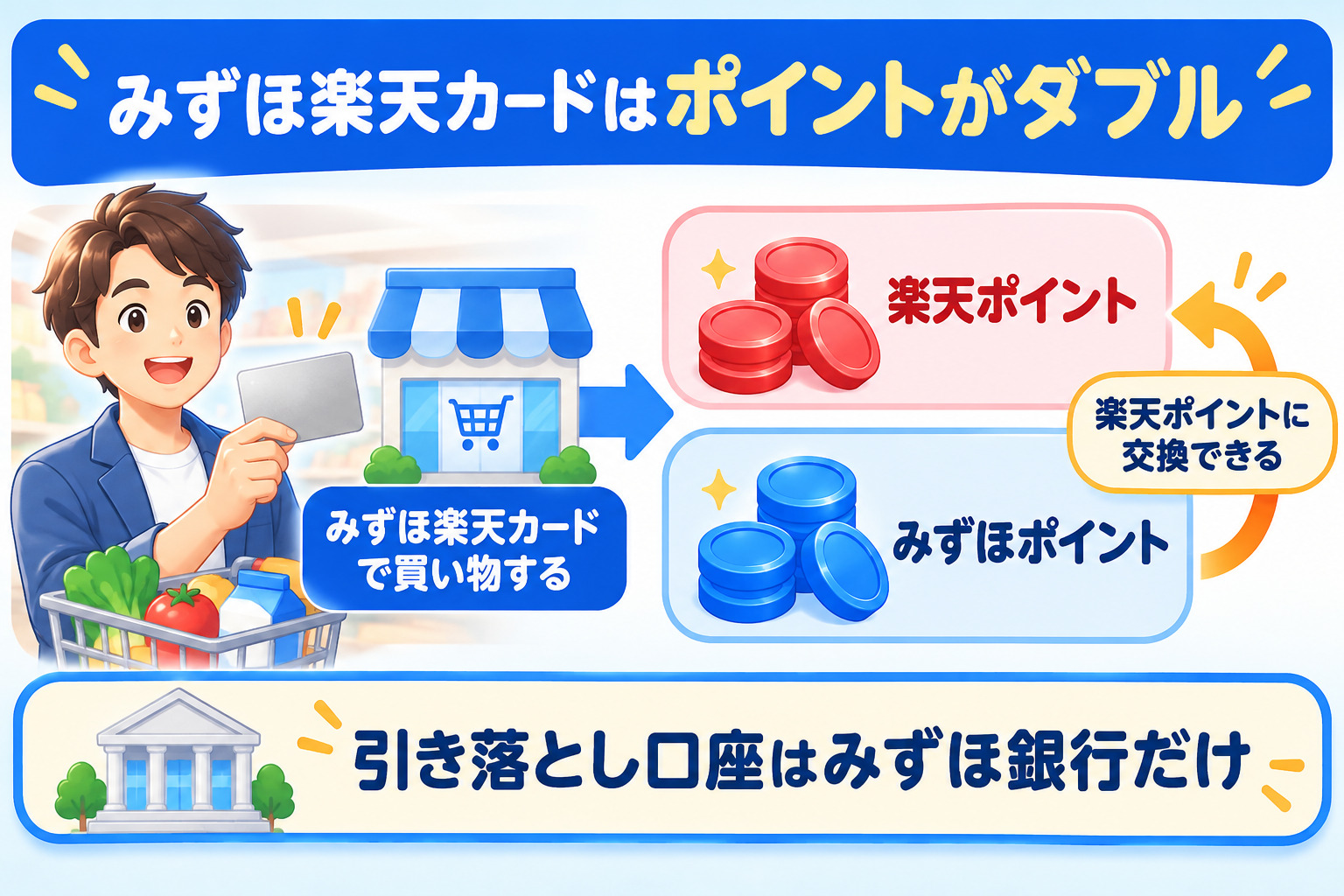 みずほ楽天カードはポイントがダブル 楽天ポイントとみずほポイントが貯まる みずほポイントは楽天ポイントに交換できる 引き落とし口座はみずほ銀行だけ