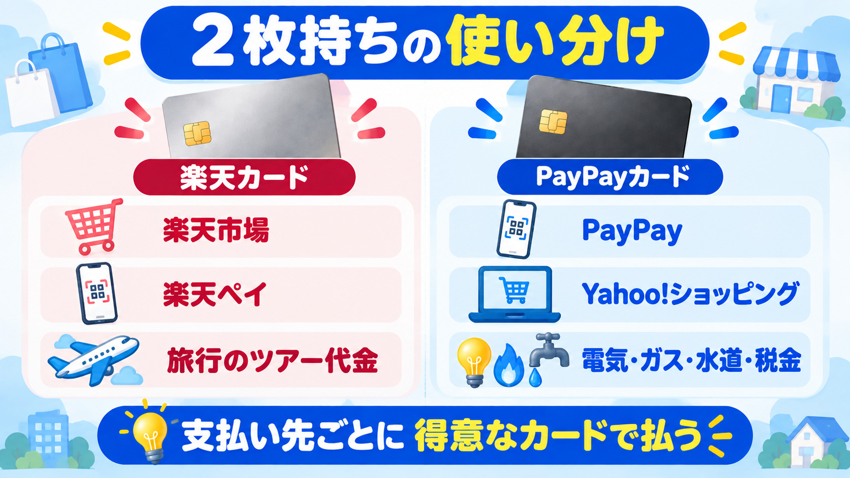 楽天カードとPayPayカードの2枚持ちの使い分け 楽天市場と楽天ペイと旅行代金は楽天カード PayPayとYahoo!ショッピングと公共料金はPayPayカード