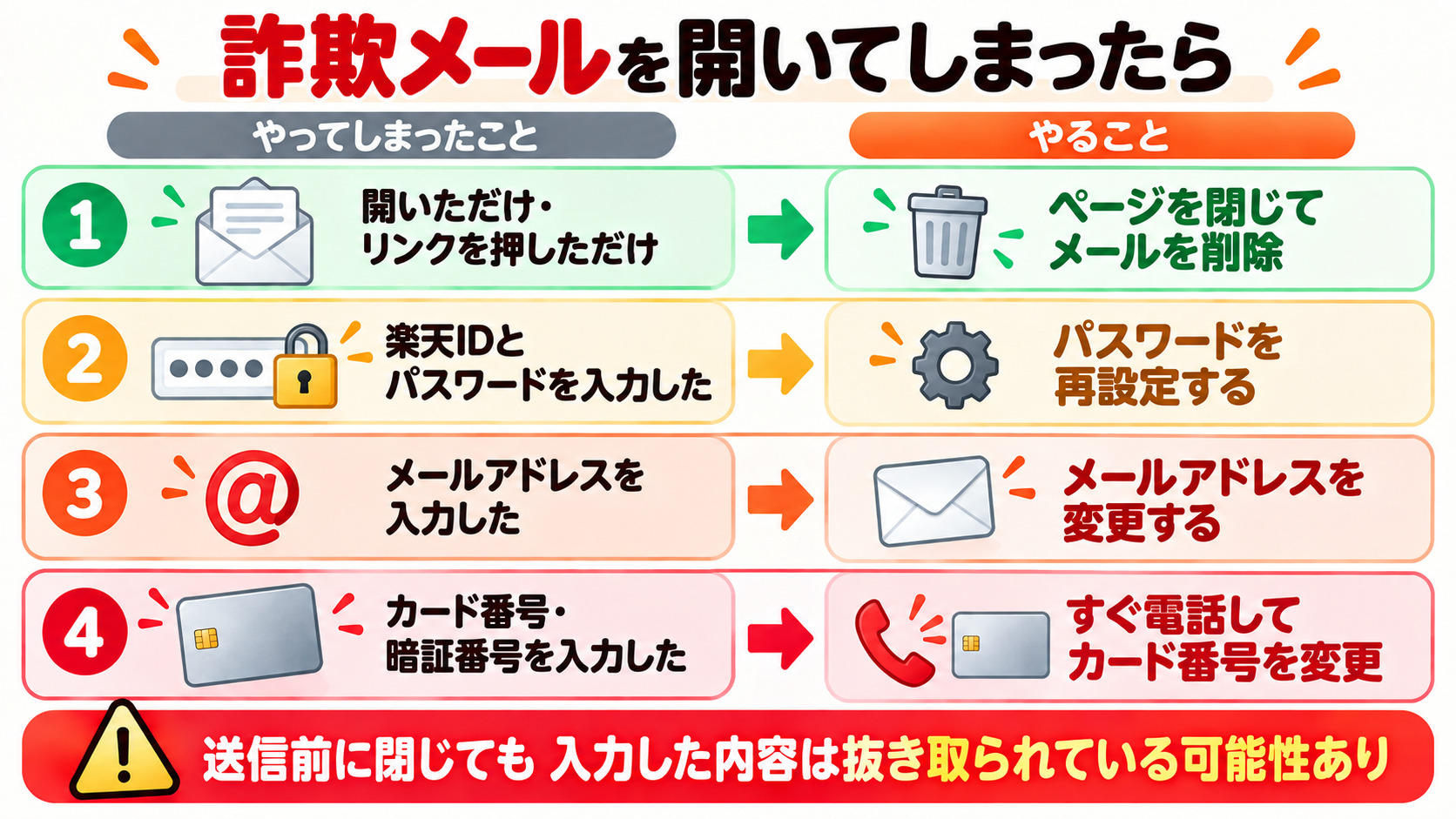 詐欺メールを開いてしまった 入力してしまったときの対処 何も入力していなければ削除 楽天IDはパスワード再設定 カード番号と暗証番号はカード番号の変更