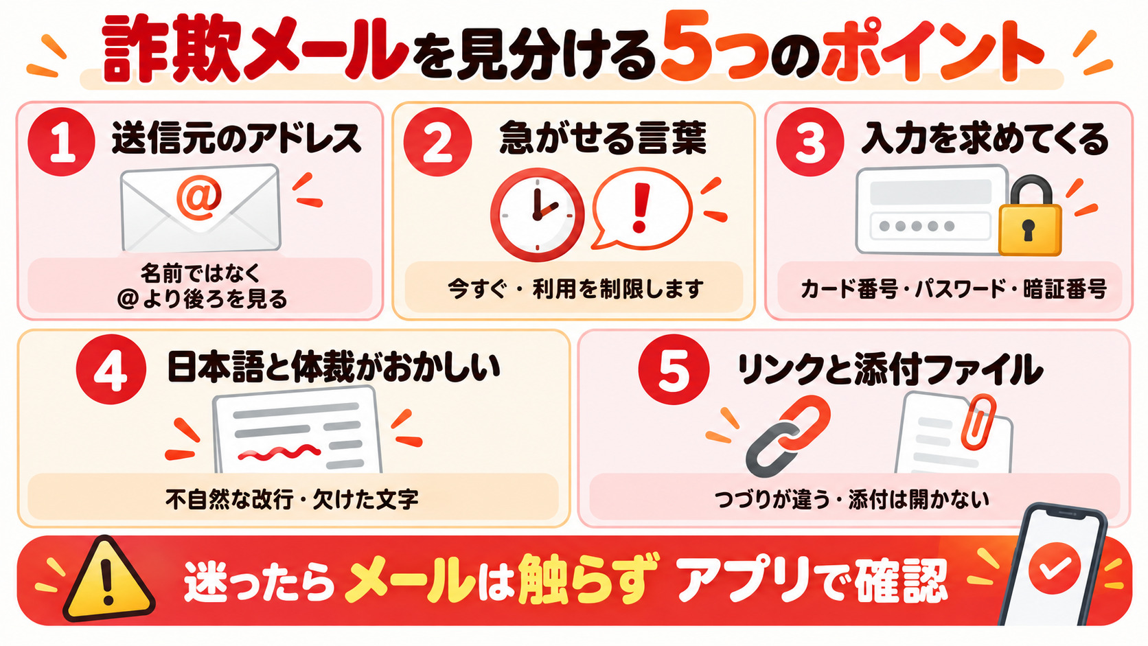 楽天カードの詐欺メールを見分ける5つのポイント 送信元アドレス 急がせる言葉 入力を求める 不自然な日本語 リンクと添付ファイル