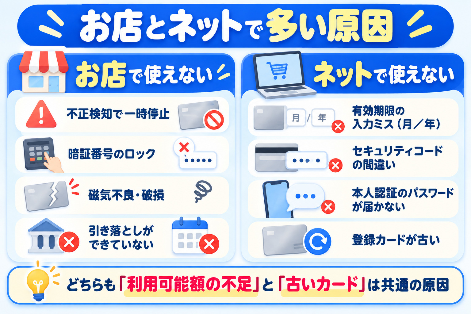 お店とネットで多い原因 お店は不正検知の一時停止 暗証番号のロック 磁気不良 引き落とし ネットは有効期限の入力ミス セキュリティコード 本人認証 登録カードが古い