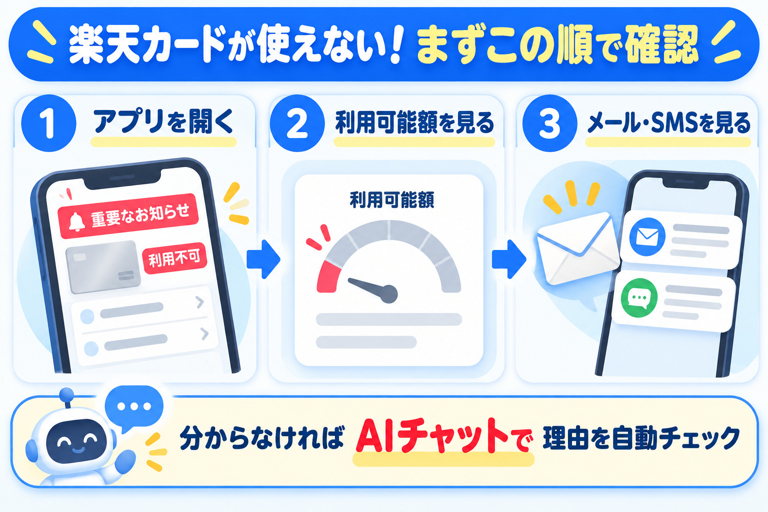楽天カードが使えないときにまず確認する3ステップ アプリを開いて重要なお知らせと利用不可を見る 利用可能額を見る メールとSMSを見る 分からなければAIチャット