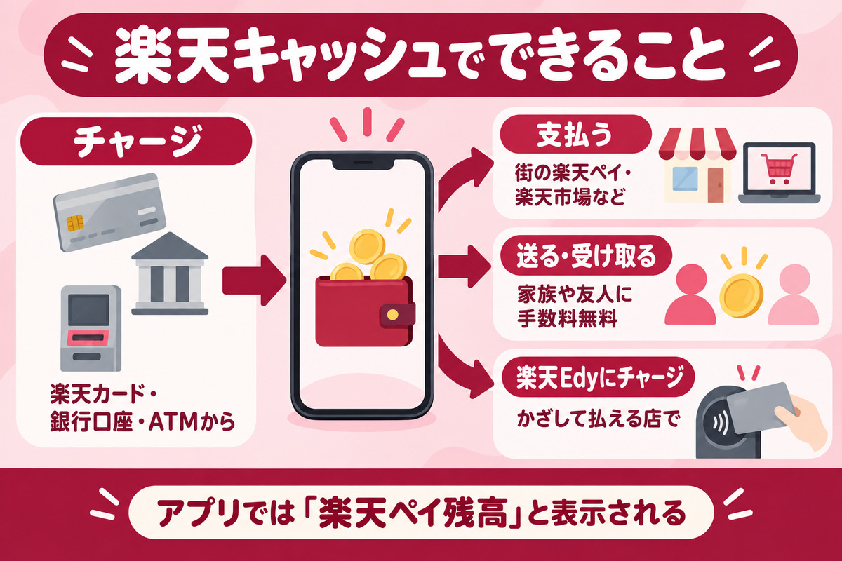 楽天キャッシュでできること。チャージして、街の楽天ペイやネットで支払う、家族や友人に送る、楽天Edyにチャージする