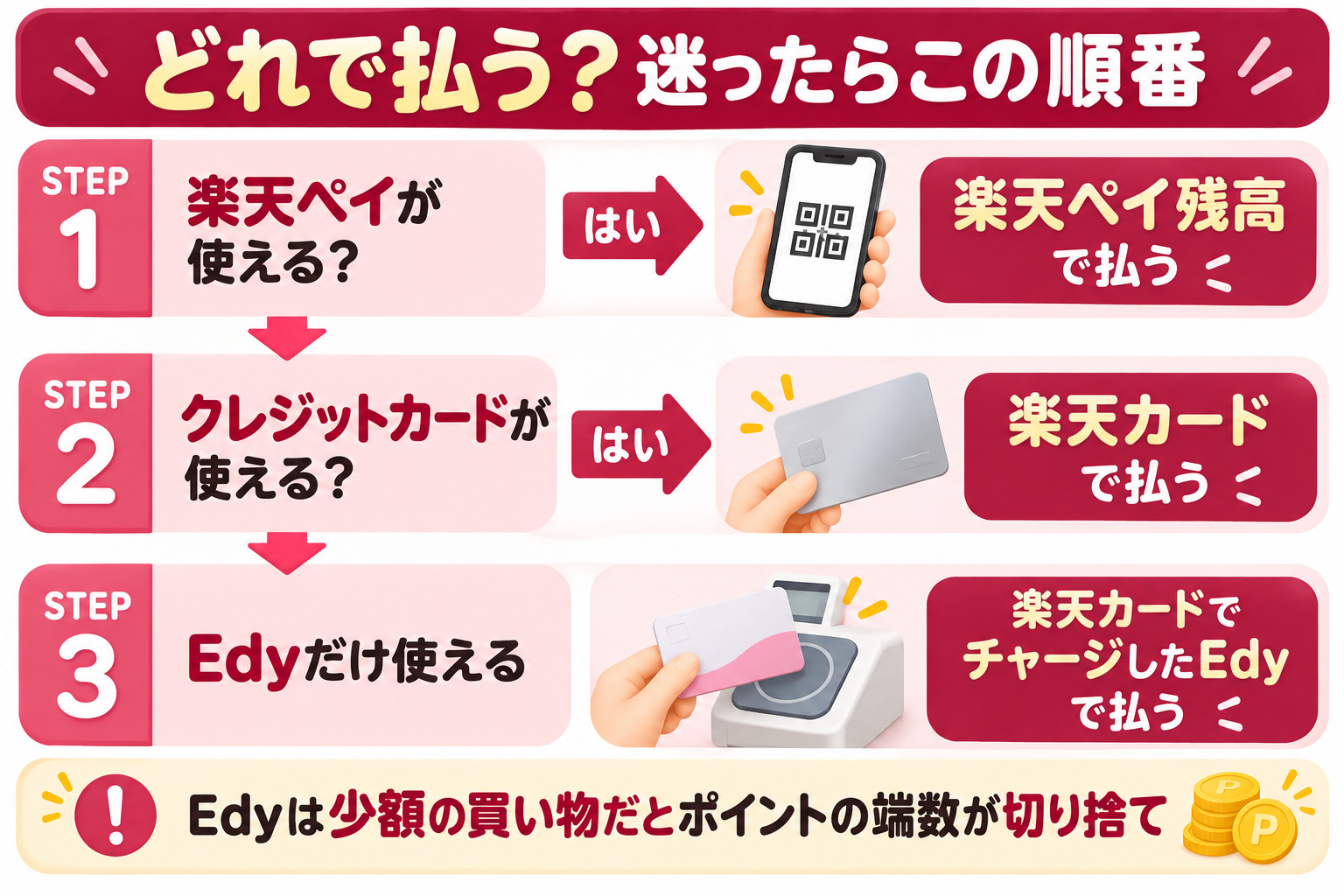 どれで払う?迷ったらこの順番 楽天ペイが使えるなら楽天ペイ残高 クレジットカードが使えるなら楽天カード Edyだけ使えるなら楽天カードでチャージしたEdy