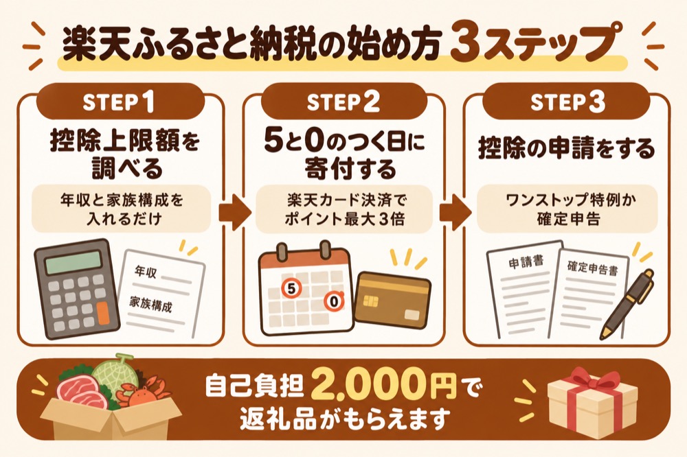楽天ふるさと納税の始め方3ステップ(控除上限額を調べる・5と0のつく日に寄付する・控除の申請をする)