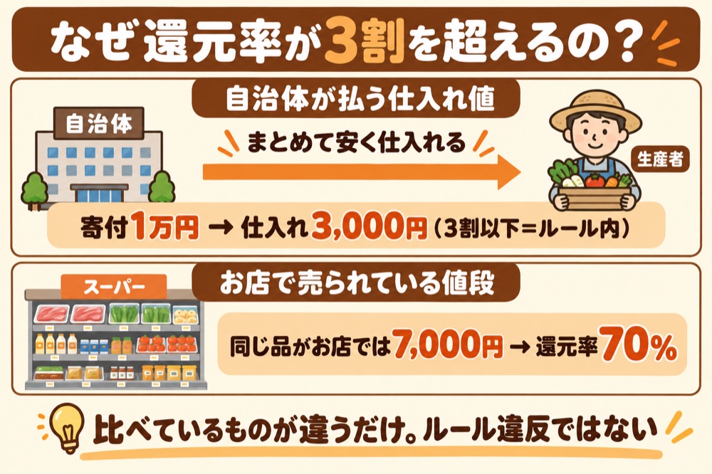 還元率が3割を超える理由｜自治体の仕入れ値と店頭価格の違いを示した図解
